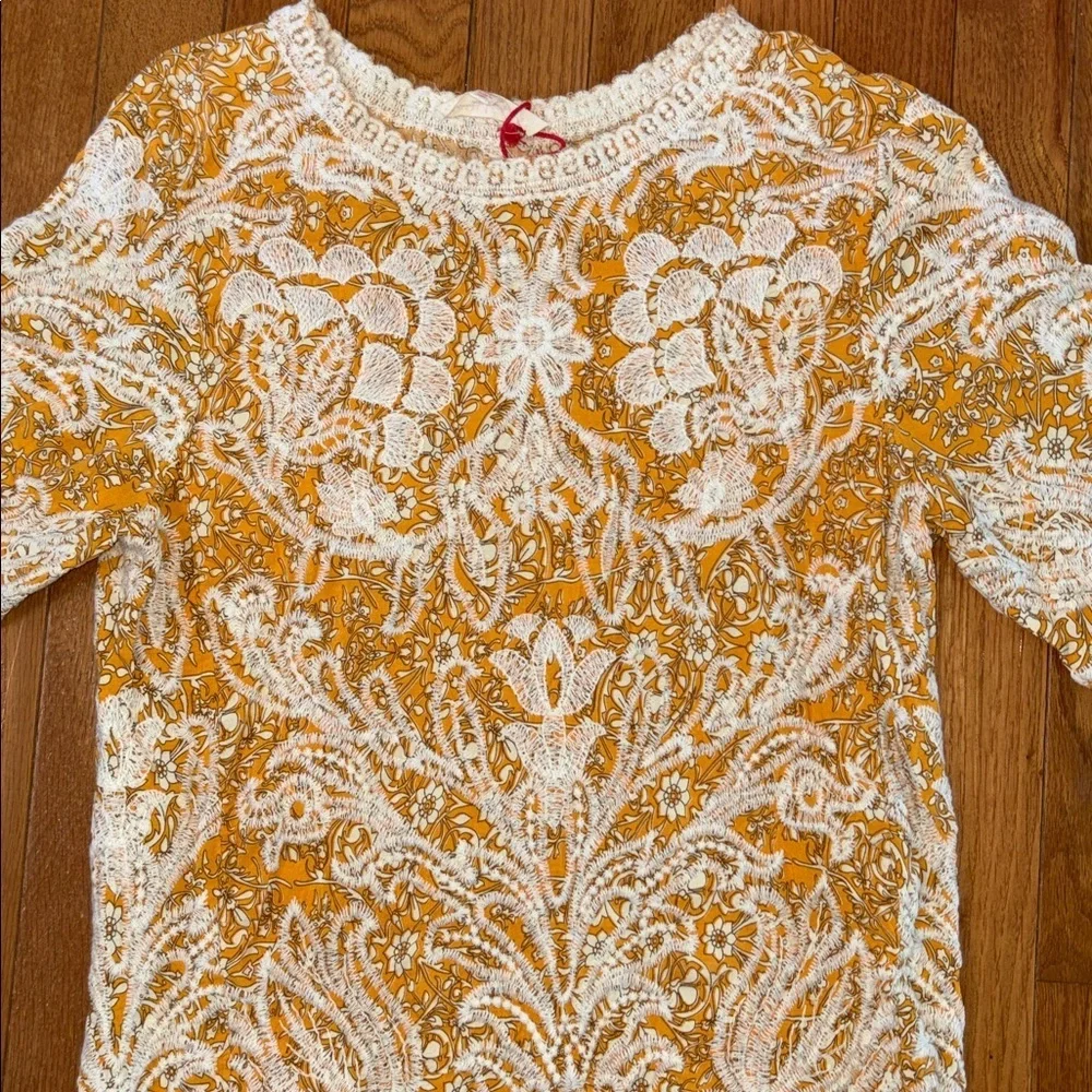 Solitaire Mustard Yellow Boho Embroidered Bell Sleeve Blouse Top Medium NWOT